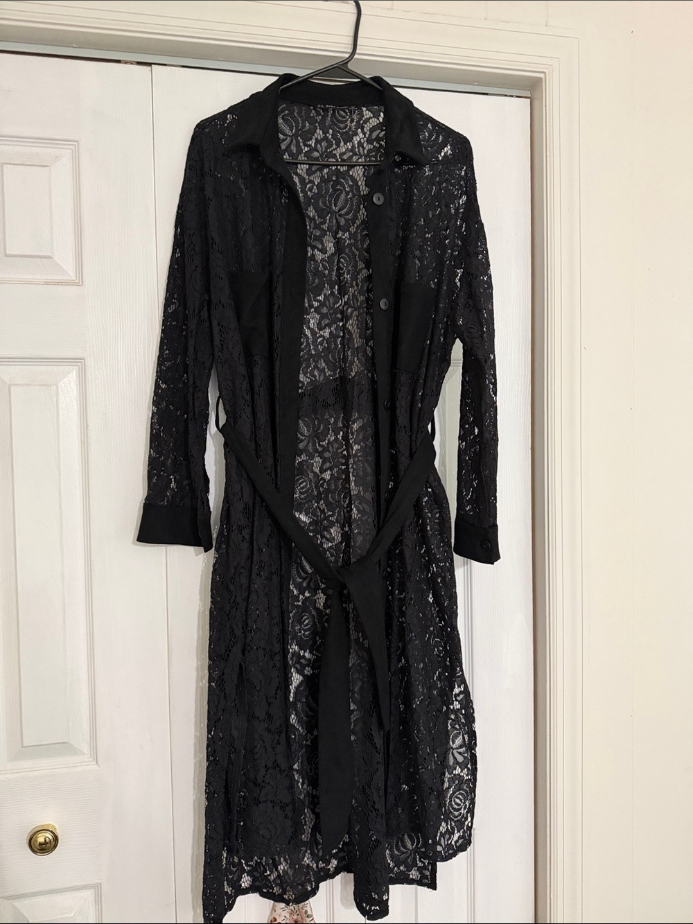 Zara Black Sheer Lace Long Robe with Belt